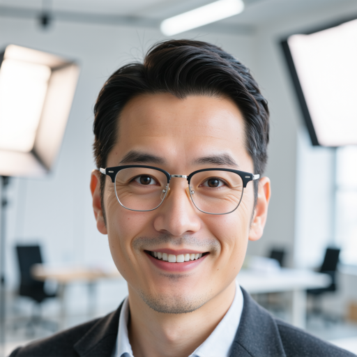 Forty year old male executive in business suit wearing glasses, standing in modern office environment with professional background