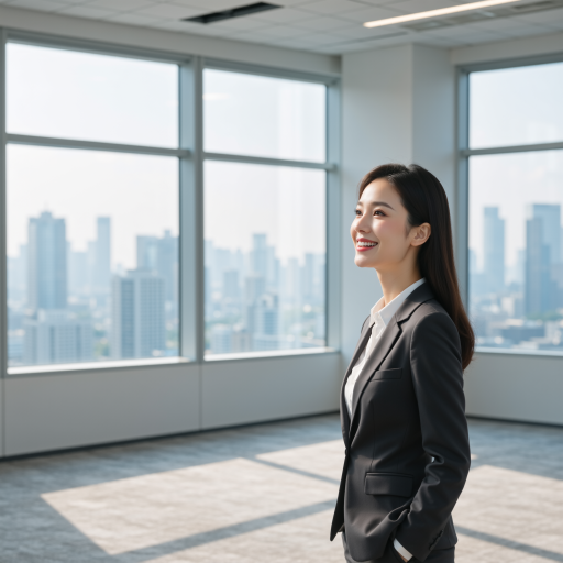 Thirty eight year old female financial officer in professional business suit, positioned in corporate finance office environment